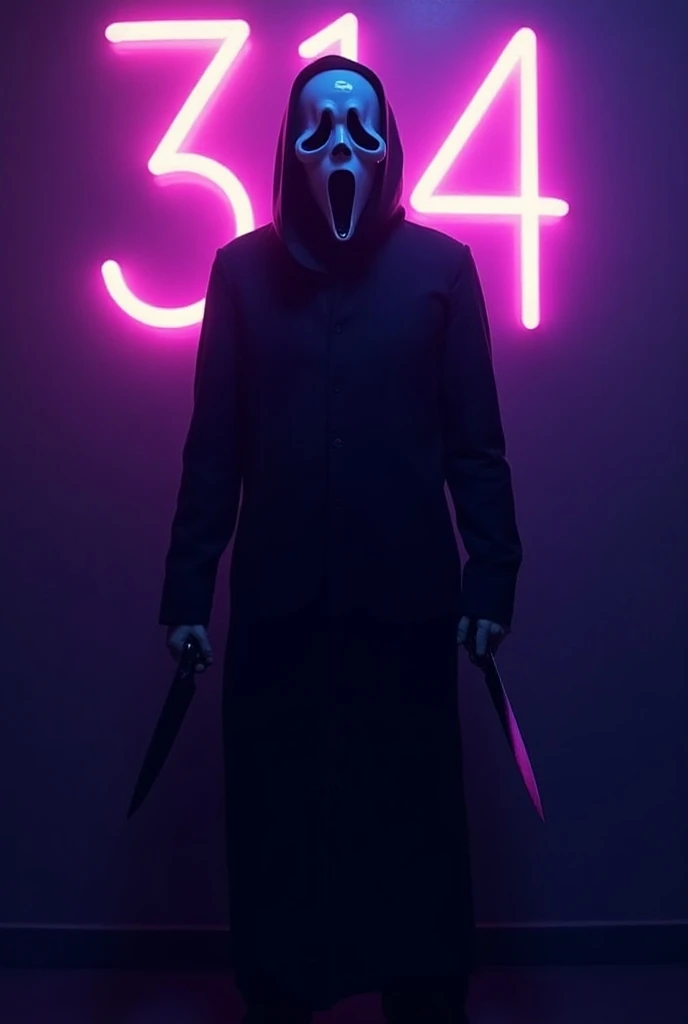  figure representing the classic Scream ,  character dressed in his characteristic black outfit and his iconic white mask .  He is holding two knives in both hands , ready to attack.  Behind the character , In the dark background, You can see the number  "...