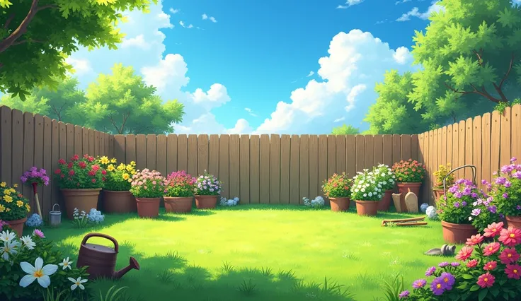 Garden Setting

Background Elements: A sunny backyard with lush green grass, colorful flowers in various pots, and a bright blue sky dotted with a few fluffy white clouds. There are gardening tools like a watering can and a spade scattered about, and a sma...