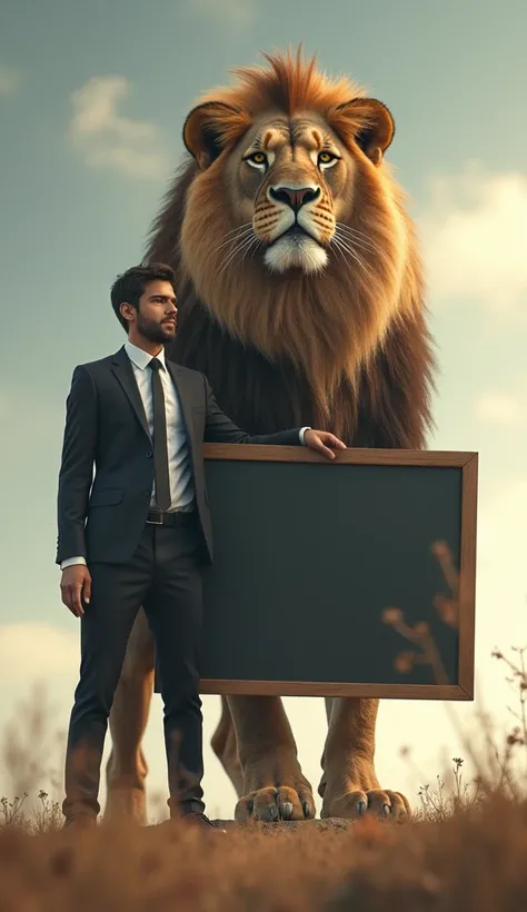 Young businessman standing next to a giant lion holding a large blackboard 