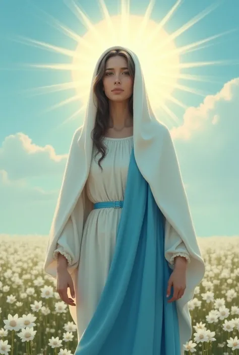 Impressive image, in realistic style, of the Virgin Mary, full body, semi profile, with long, dark hair, down to her shoulders, and in the foreground. Her face must be that of a 16-year-old girl, with a thin, fine face and dark eyes. She wears a white cloa...