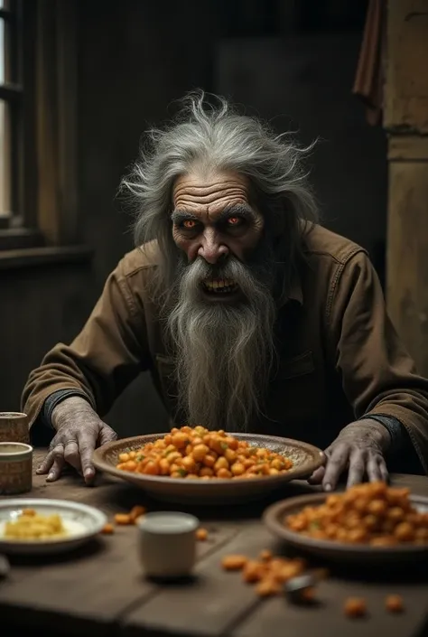 That the doomed ghost is dressed as a vagabond in a Bolivian town and that you can see the face that has big hair like that of a tramp and a beard that is sitting at the table of a house and in front of him there food but he doesnt want to eat it and get a...