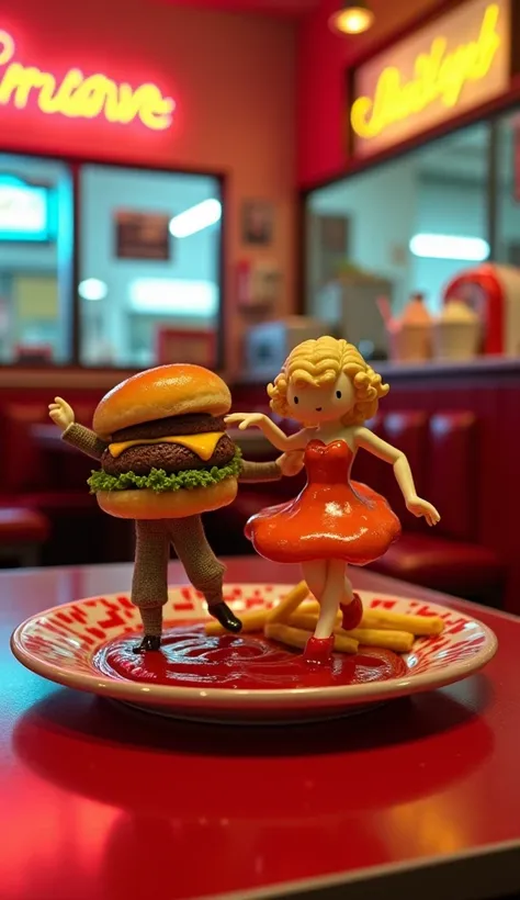 American Burger and Fries Duo
On a retro red diner plate, a burger and fries couple dances with nostalgic charm. The burger, realistic with a shiny bun, lettuce, and melted cheese, twirls beside his partner, a graceful figure made of golden fries. Their mo...