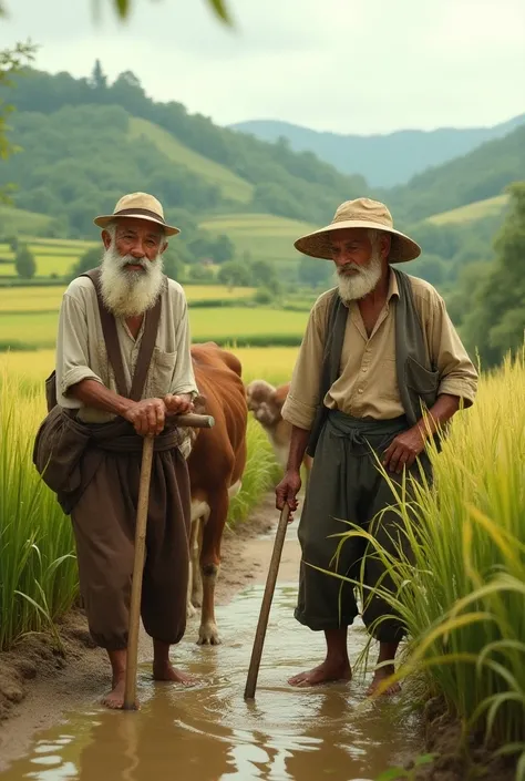 Two elderly men milking cows and the other one picking rice
