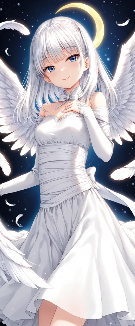 (Anime Art),(top-quality),(masterpiece),(4K Anime Style),Delicately painted face, 1 girl,((Alone)),( Transparent Female Angel ),( Beautiful and Exquisite Angel Wings ),Flapping,Wings Fluttering ,  Beautiful Detailed Blue Eyes Sitting on the Crescent Moon  ...