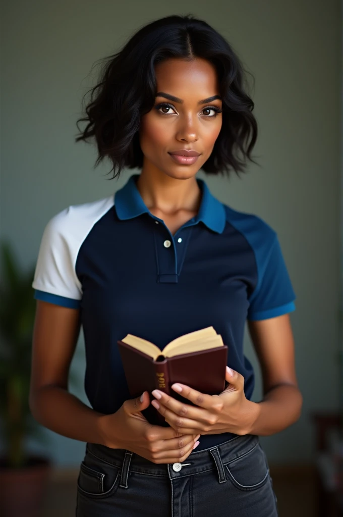  32-year-old Brazilian woman , pele morena, black eyes,  short wavy hair ,  wearing a navy blue polo shirt with a blue sleeve and a white sleeve, black jeans , slipper, holding the holy bible