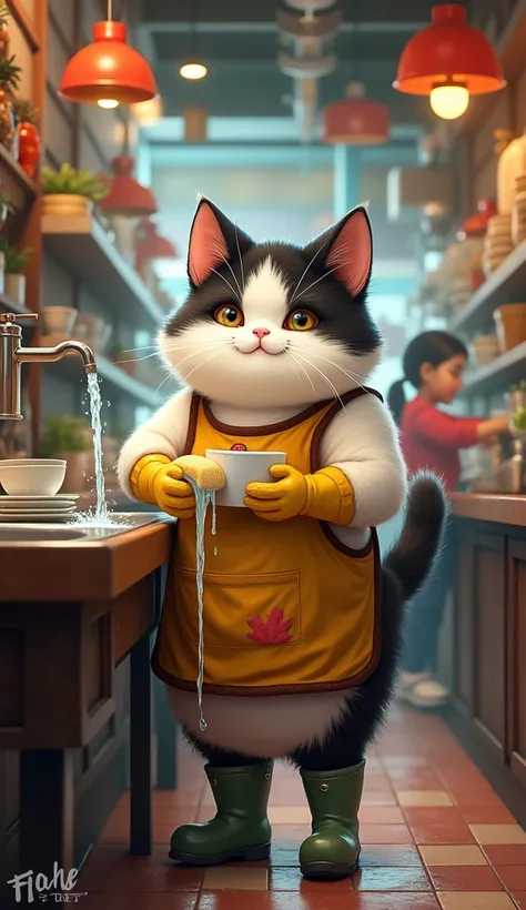 A cute white black chubby cat with thick, fluffy fur is washing dishes in a lively Indonesian restaurant. The cat stands in front of a sink with water flowing from the faucet, with a bucket placed underneath. The cat is dressed in rubber gloves, boots, and...