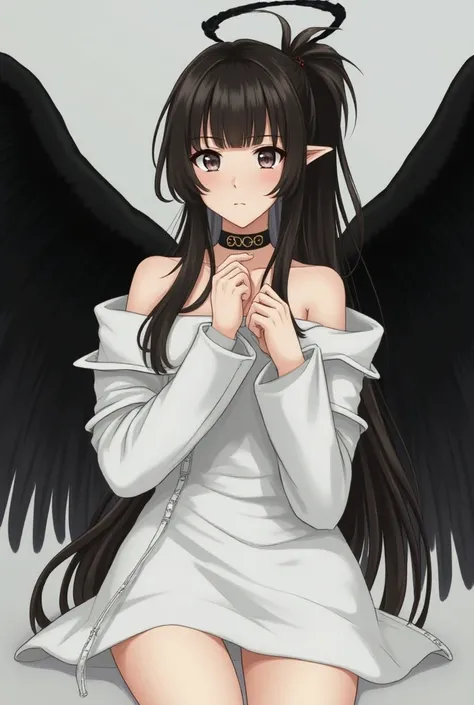 cowboy shot, (black wings:1.2), very long hair, side ponytail, choker, holding, off shoulder, (white dress:1.3), white jacket,halo,