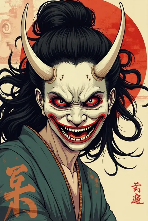 A rotated Hannya with 6 ,  style with a womans face in the background ,  horns in neo traditional  