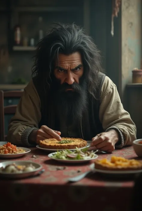 That the doomed ghost is dressed as a vagabond in a Bolivian town and that you can see the face that has big hair like that of a tramp and a beard that is sitting at the table of a house and in front of him there food but he doesnt want to eat it and get a...