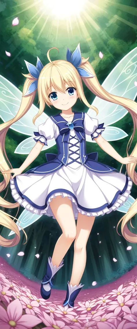 Dynamic Angle、 In the magical forest, Mysterious fairy girl appears, Light Blue Long Hair、 twin tails、Adorable smile、The moonlight shines brightly. Her skirt, Woven with petals and stardust, Rainbow, Flowers and trees々 flapping their wings between shining ...