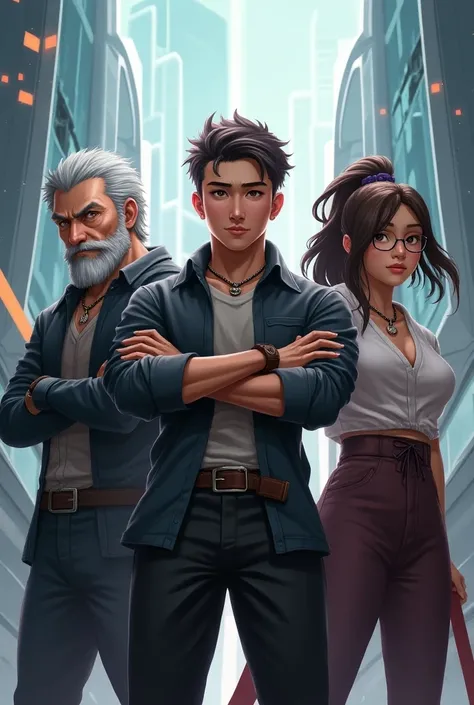 Create a game style team avatar for 3 members:
(1) a grey hair and short man
(2) a tall japanese guy
(3) a long wavy brown hair woman wearing glasses