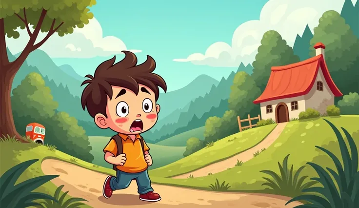 Cartoon young 

"Up Jack got and home did trot"
Show Jack slowly standing up, looking a bit bruised but determined, as he starts walking back down the hill towards a cozy cottage in the distance. He holds his head, clearly in pain but making his way home.