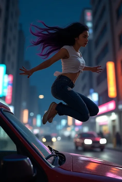 Belle Latina de 20 ans, aux cheveux noirs aux pointe violette, habillée dun jean troué et dun tee-shirt blanc, a la silhouette fine et athlétique, dans sa course saute par dessus le capot dune voiture (cest une pratiquante du Parkour) dans la nuit de la vi...