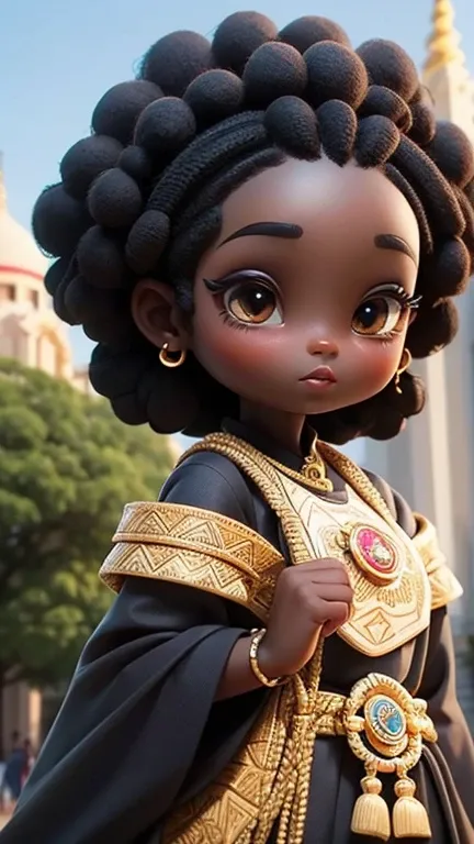 1 woman designed with stereotypical features of ghanan traditional culture and history, black skin, afro hair, super deformed small girl, very Cute and pretty girl,  very beautiful face、her countrys traditional costume, Outdoor、background is her countrys I...