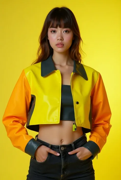 a woman in a yellow jacket and jeans poses for a picture, with fluo colored details, color blocking, cropped shirt with jacket, colour blocking, color blocking!, color block, flat colour-block style, brightly coloured, yellow and charcoal leather, leather ...