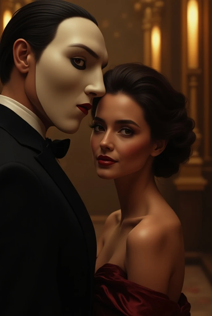 opera house, the phantom of opera with a beautiful woman, detailed face, beautiful eyes, long eyelashes, beautiful lips, elegant hairstyle, elegant dress, cinematic lighting, warm color palette, photorealistic, masterpiece, 8k, ultra-detailed