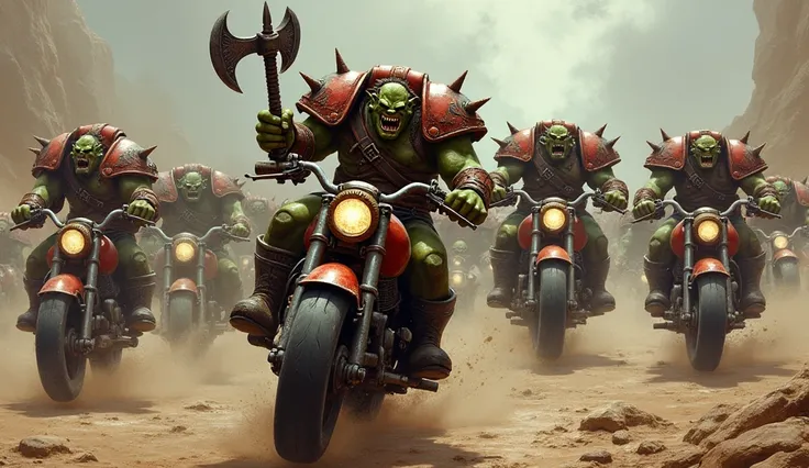 Orcs from Warhammer 40000, rushing forward on red painted bikes with spikes, screaming, they wave battle axes and bolt guns