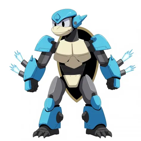 medabots, blastoise pokemon, blue and white, 2 water cannons on the back , white background