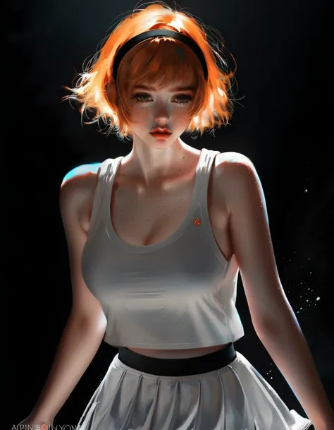 (Dark Studio) (((black background!!!)))) young girl Isabelmoner-SMF Dora ), (((view down))) (low camera view). ( hyperrealistic ), Very short orange hair,  olive eyes , freckles,  Cute white oversized tank top, Mini-skirt,  slim fit sport , Sweaty, medium ...