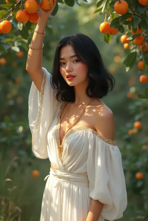 Semirealistic greek woman with black medium length hair. Blue eyes, rosy cheeks. White greek clothes with gold accessories surrounded by nature. She is taking fruits from the tree. 