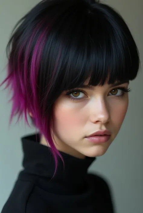 Girl with straight black hair, with half hair cut , a thin fuchsia tuft on the left front of the hair with European features 