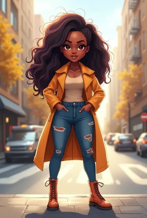  chibi-style digital illustration of a confident African-American woman with a long and vibrant hairstyle, pele morena.  She wears a long coat in a chosen color , e jeans skinny com uma estampa da moda.  Her outfit includes shiny high-top boots .  The pose...