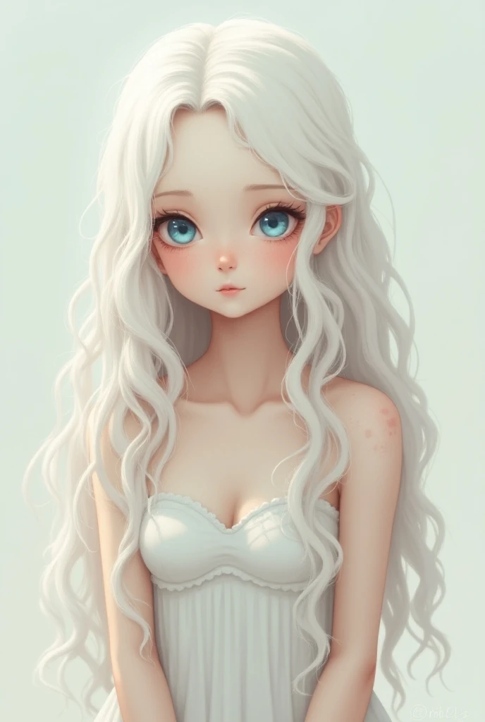 , long hair anime girl dr.stone, height 1.66, albino, with freckles all over her face and freckles all over her body, very light blue eyes, short, curly and long hair