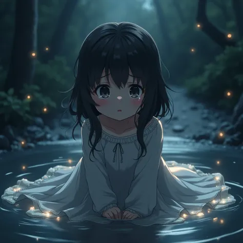 a crying girl sitting in a puddle, detailed beautiful eyes, long eyelashes, intricate detailed face, exquisite anime style, high quality, 8k, best quality, photorealistic, masterpiece, cinematic lighting, dramatic lighting, glowing water, reflective water,...