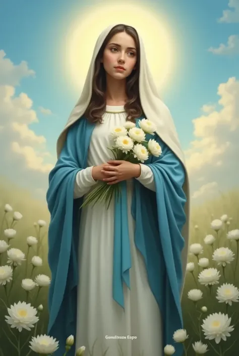 Impressive image, in realistic style, of the Virgin Mary, full-length, in medium profile, with long, dark hair, down to her shoulders, in the foreground. Her face must be that of a young girl of , with a thin and fine face, and dark eyes. She wears a white...