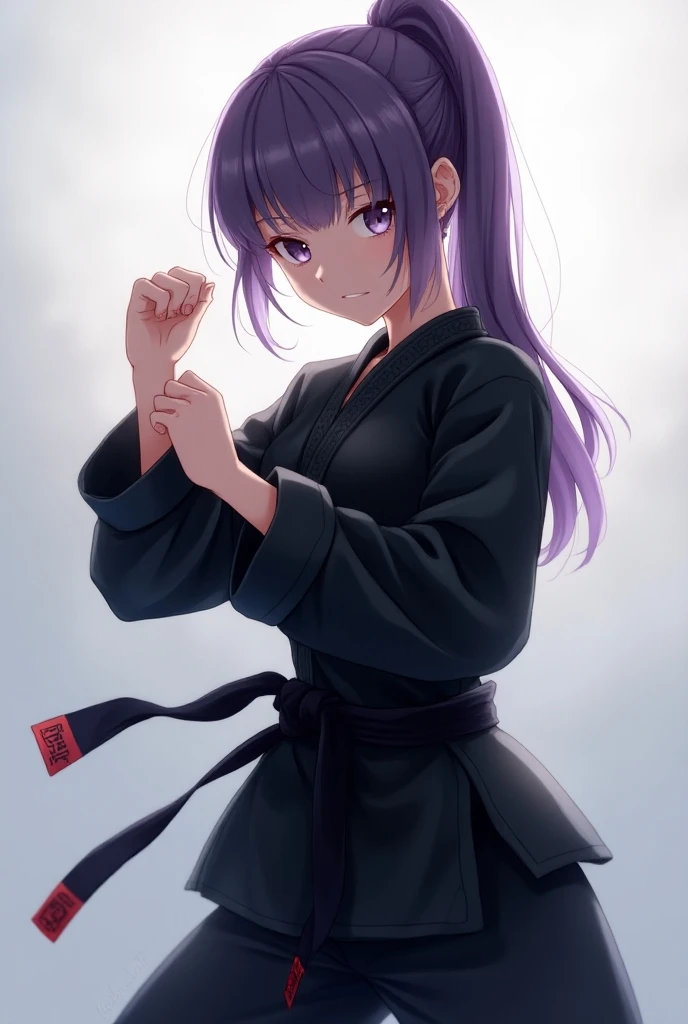 Beautiful anime girl purple hair black karate costume