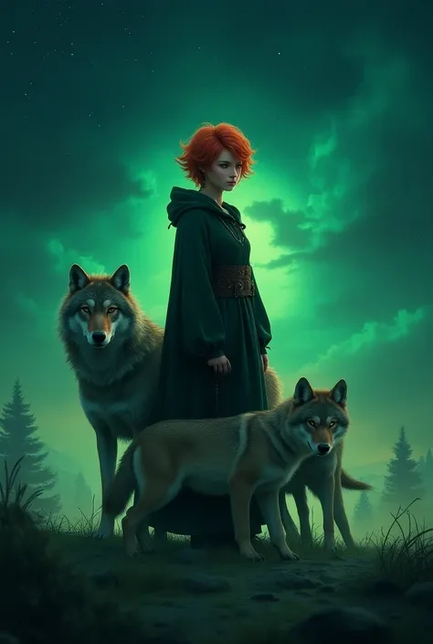 A short-haired redheaded witch ,  wolf and 2 wolf pups under a starry night, aura vert