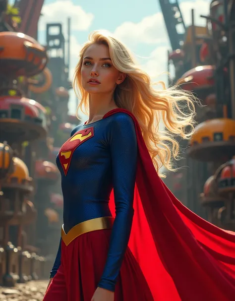  Create a RAW image of a mechanical amusement park there is a sensual woman, Beautiful 22 year old girl,  blonde with light eyes she is SUPERGIRL , sexy 25-year-old girl smiling , queen of instagram, cosplay de Supergirl.