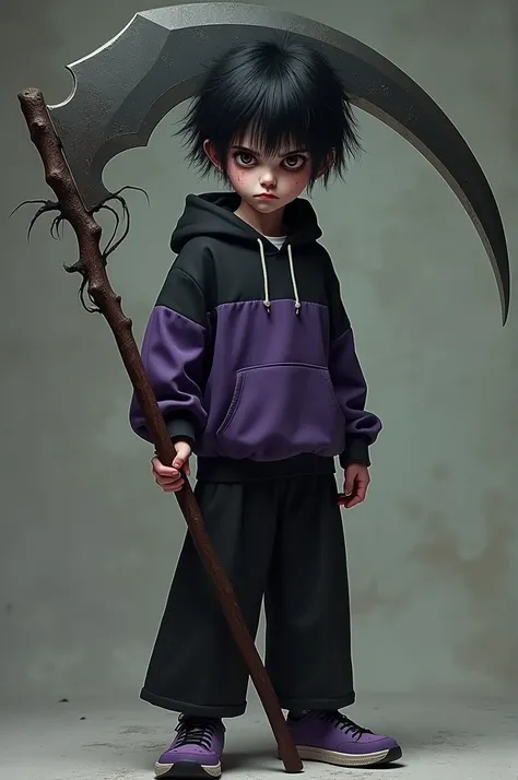  Boy wearing black and purple hoodie with a scythe,Serious psychopath face ,  messy hair with the color black ,Brown eyes, wide black pants and purple shoes 