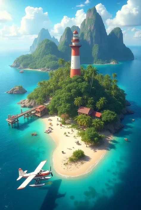  Create an island 
With several small archipelagoes close to that island  ,
 With a transparent sea  ,  where can you see the one with little vegetation  ,  animals on the seabed  ,  with
Um
Pier and nearby a place for hammocks  , and coconut trees boat  ,...