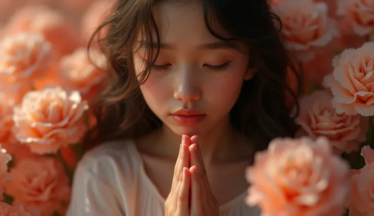 (photorealism:1.2), A beautiful 16yo american girl with a religious appearance, feeling sad while praying and elegantly wrapping around her hands in a prayer position, hands raised in worship, tears glistening on her cheeks in the middle of a dreamy Bleedi...