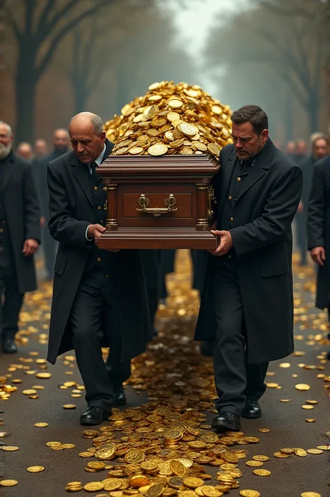 A coffin of a dead person is being carried by some doctors. Two hands of the deceased are taken out of the coffin. A large amount of gold, money, gold coins were scattered on that road.