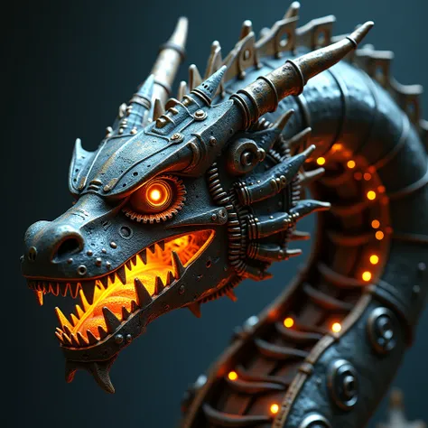 a mechanical dragon head, extremely detailed, highly realistic, photorealistic, 8k, intricate gears and mechanisms, metallic textures, glowing energy core, dramatic lighting, cinematic composition, dark and gritty, moody atmosphere, warm color tones, (best...