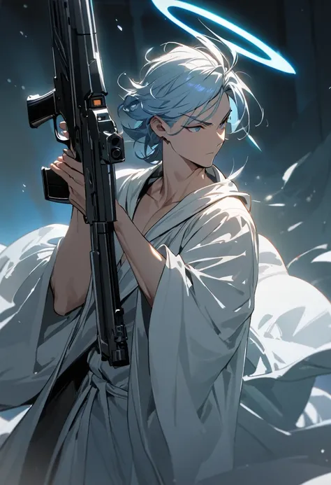 A guy wearing a robe, holding a short and a long majestic guns, half body, great pose, looking elsewhere,  detailed, high quality,  blue halo on his head