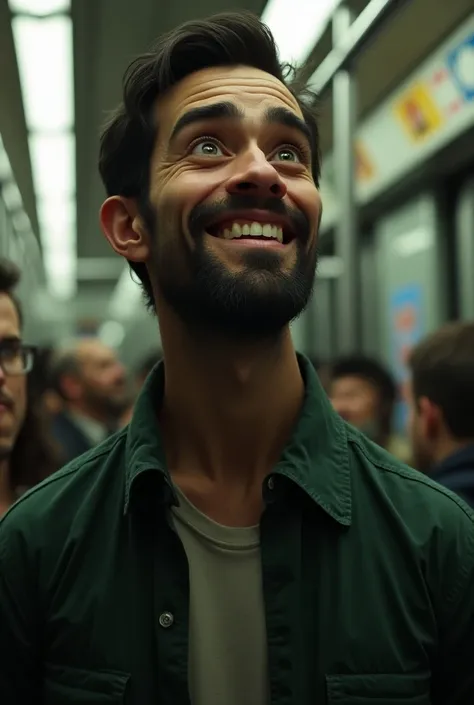 Juan is a tall, thin man., with dark hair . His green eyes are surrounded by dark circles, which reveals his tiredness and hopelessness. He has a beard of several days. happy on the subway