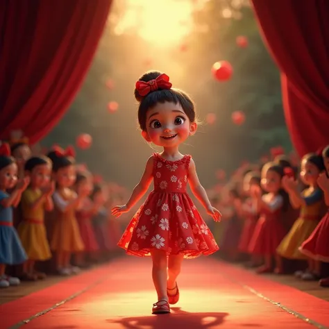 A baby girl, wearing a red floral frock, walks confidently in the middle of the stage while the audience claps. Behind her, a beautifully designed backdrop is displayed.
