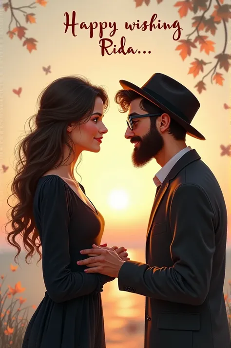 Bearded Boy wearing hat and glasses wishing happy birthday to a beautiful girl wearing black beautiful dress but please dont forget to write Irfan wishing Rida