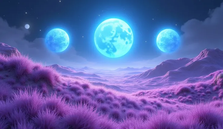  planet with purple grass ,  Three blue suns around 