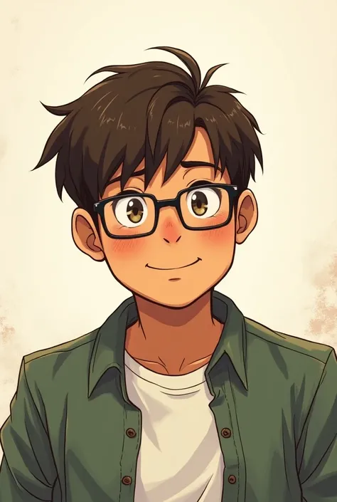 Generate a manga style image of a somewhat chubby young man, dark-skinned, brown hair with glasses 