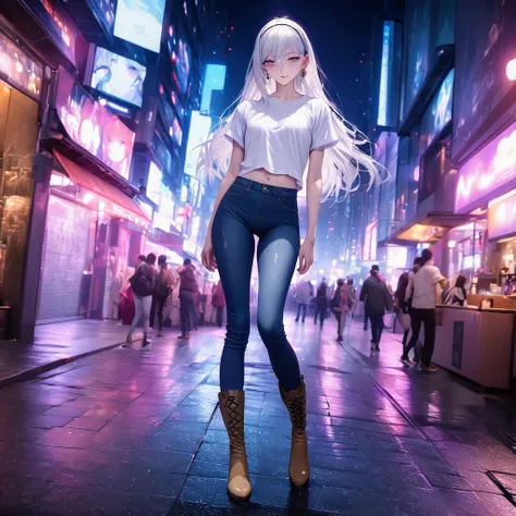 high quality　High image quality　 Realistic Depiction　Very Skinny　Purple long hair　 white hair band 　Earrings　Skinny jeans　 white t-shirt　boots　 One Woman 　Night downtown in Korea　nsfw