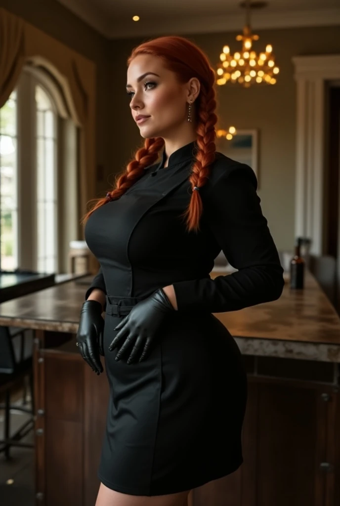 Ultra-realistic photograph capturing all body, full body of a 45-year-old chef with 2 braids red hair and small earrings. She is very beautiful, with a slim yet voluptuous body, large breasts, and a regular build, but with prominent hips and buttocks. She ...