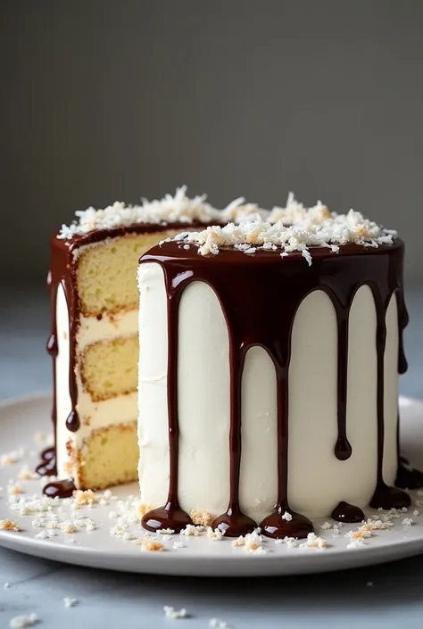 White cake with chocolate and coconut syrup 
