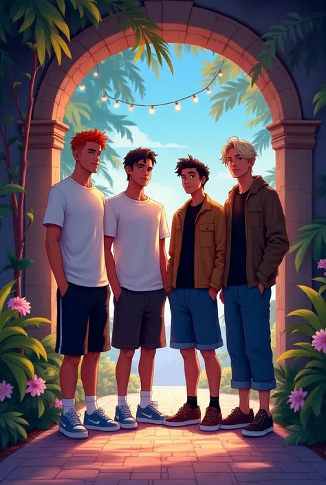 My ,There is, Carlos,  kyle,

 They are four ren who are at the entrance of a beautiful garage,  appear to be about  , The gardin is brilliant , with lights, algo muy encantador 


My :  smooth dark brown hair  , Brown eyes, dark skin, vestimenta suerte az...