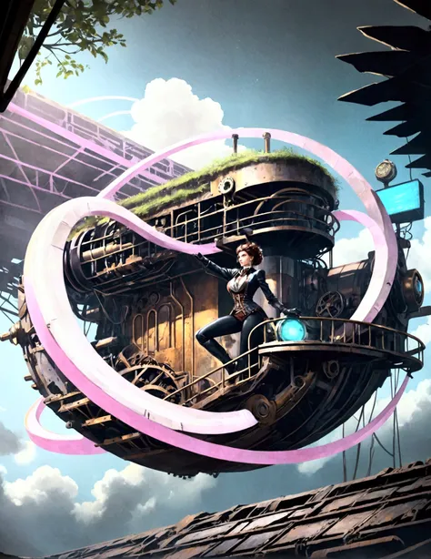  a huge steel machine ,  Complex and precise gear structure ,  steampunk style, steam,  Metallic luster , Strong light and shadow contrast , Rich details, Full of power, sci-fi futuristic ,  Huge shadows cast on the ground ,  Surrounding the ground {x} are...