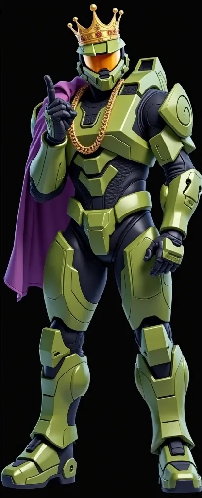 Master Chief Wearing a Gold Chain Around His Neck, A Gold Crown On Top Of His Helmet, Wearing Purple Pimp Robes, Whilst Flipping His Middle Finger At The Camera