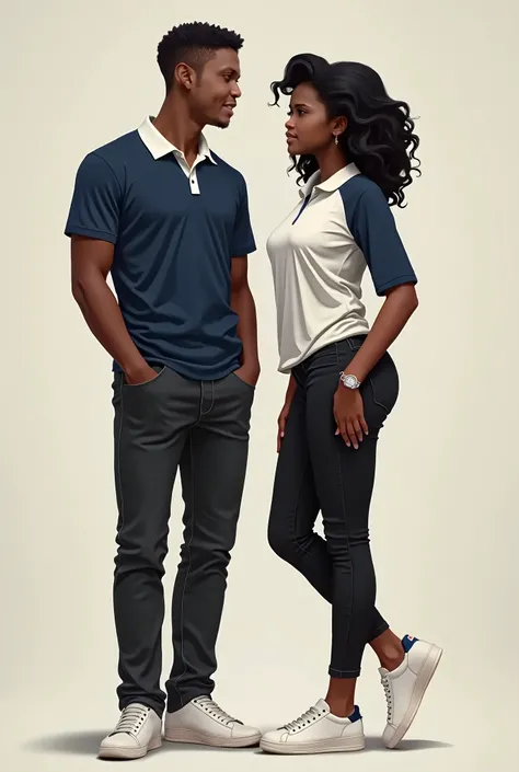  Women and men with dark brown skin color ,  man short hair color black ,  woman medium wavy hair in the color black ,  wearing a navy blue polo shirt , with a navy blue sleeve ,  and another white sleeve with black jeans and white sneakers